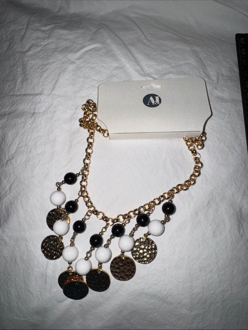 A & I NWT Gold Tone Black and White Beaded Statement Necklace
